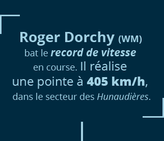 Roger Dorchy (WM) bat le record de vitesse en course. Il réalise une pointe à 405 km/h, dans le secteur des Hunaudières.