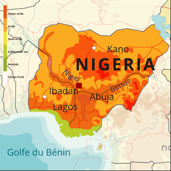 La carte des zones désertiques du Nigeria en 2100.